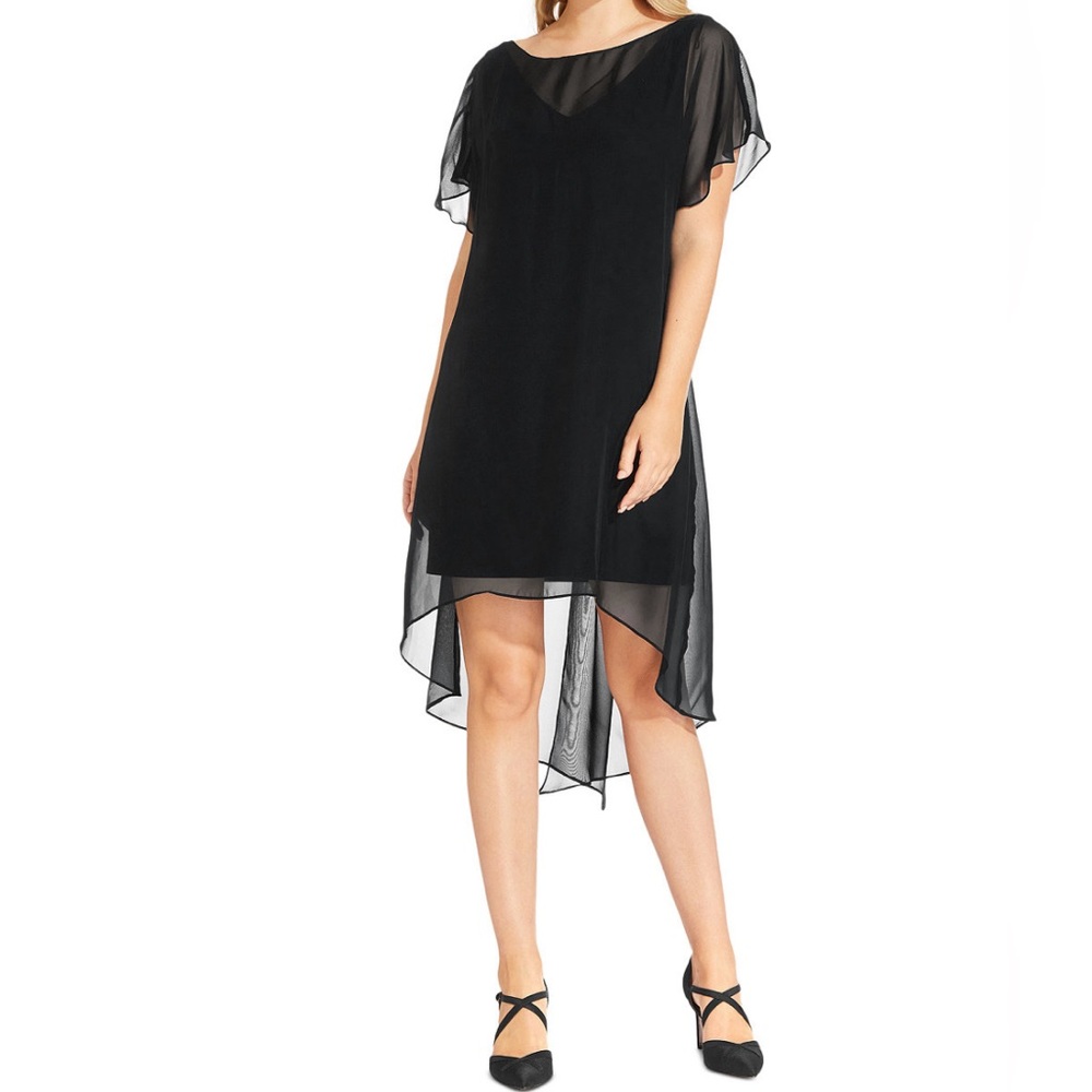 NWT ADRIANNA PAPELL Black Chiffon Overlay A-Line Dress. Size XL.